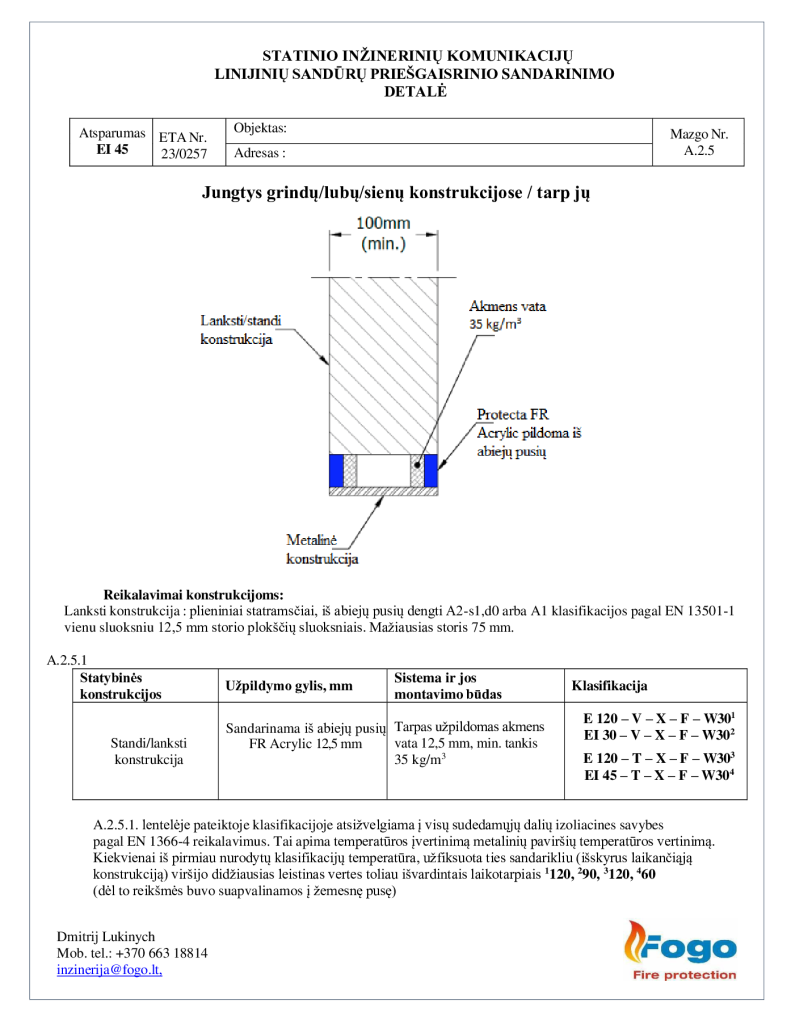 A.2.5 Standžiųjų grindų, lubų konstrukcijos, sienų, metalas EI 45 Protecta FR Acrylic