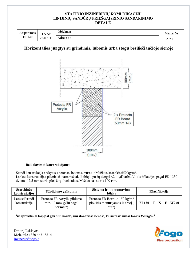 A.2.1 T-formos sandūra EI 120 lanksti, standi Protecta FR board 2 x 1-S