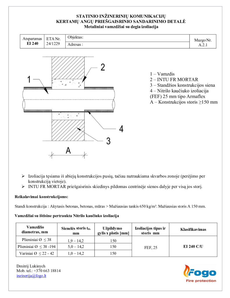 A.2.1 Metaliniai vamzdžiai degia izoliacija, siena EI 240 INTU FR Mortar