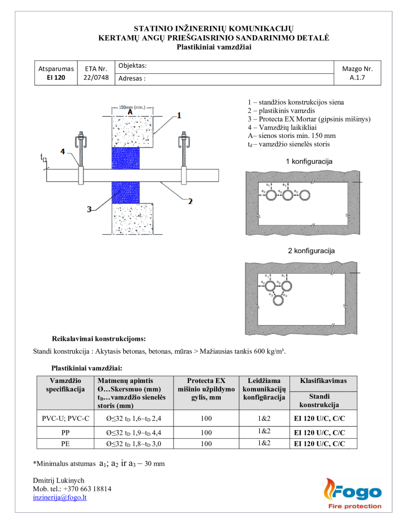 A.1.7 Plastikiniai vamzdžiai siena EI 120 Protecta EX Mortar