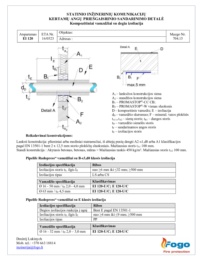 704.15 Kompozitiniai vamzdžiai degia izoliacija, siena EI 120 Promastop CC CB