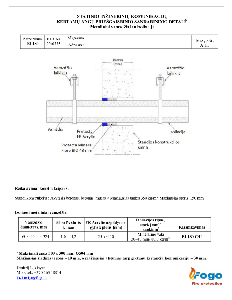 A.1.5 Metaliniai vamzdžiai nedegia izoliacija siena EI 180 Protecta FR Acrylic