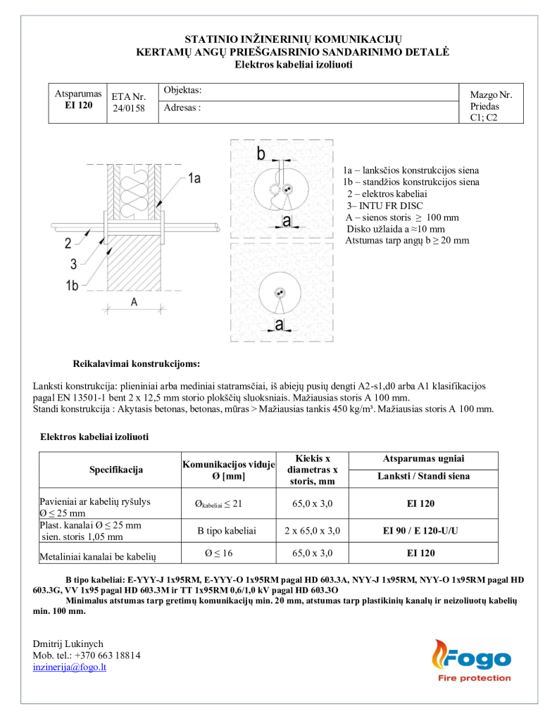 C1; C2 Elektros kabeliai, siena EI 90 FR DISC