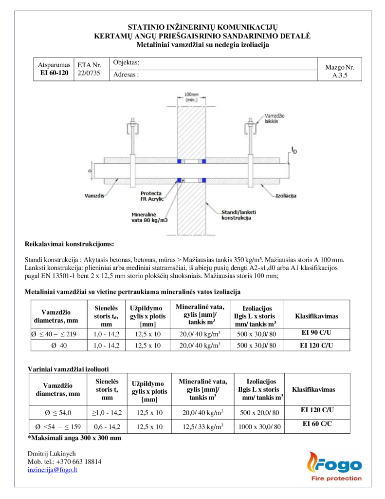 A.3.5 Metaliniai vamzdžiai nedegia izoliacija, siena EI 60-90 Protecta FR Acrylic