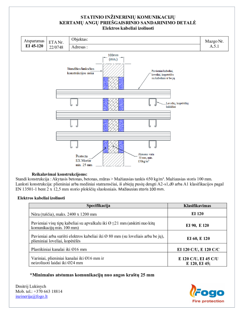 A.5.1 Elektros kabeliai, siena EI 90 EX Mortar