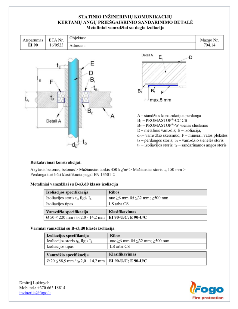 704.14 Metaliniai vamzdžiai degia izoliacija, perdanga EI 90 Promastop CC CB