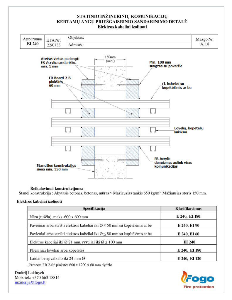 A.1.8 Elektros kabeliai, siena EI 240 Protecta FR Board 2 x 2-S