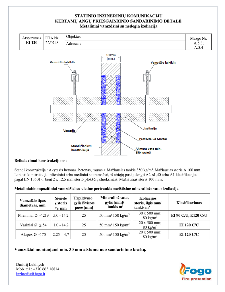 A.5.3; A.5.4 Metaliniai vamzdžiai nedegia izoliacija, siena EI 90 Protecta EX Mortar