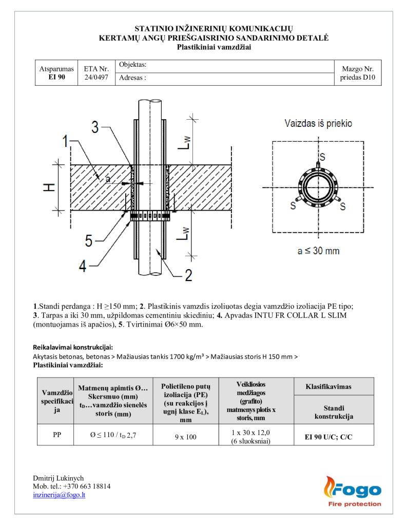 D10 Plastikiniai vamzdžiai su degia izoliacija perdanga EI 90 Intu FR Collar L Slim