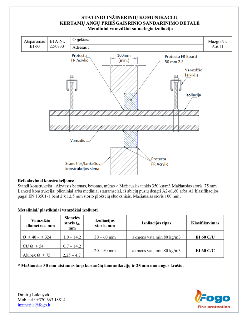 A.6.11 Metaliniai vamzdžiai nedegia izoliacija, siena EI 60, Protecta FR 2-S board 50 mm